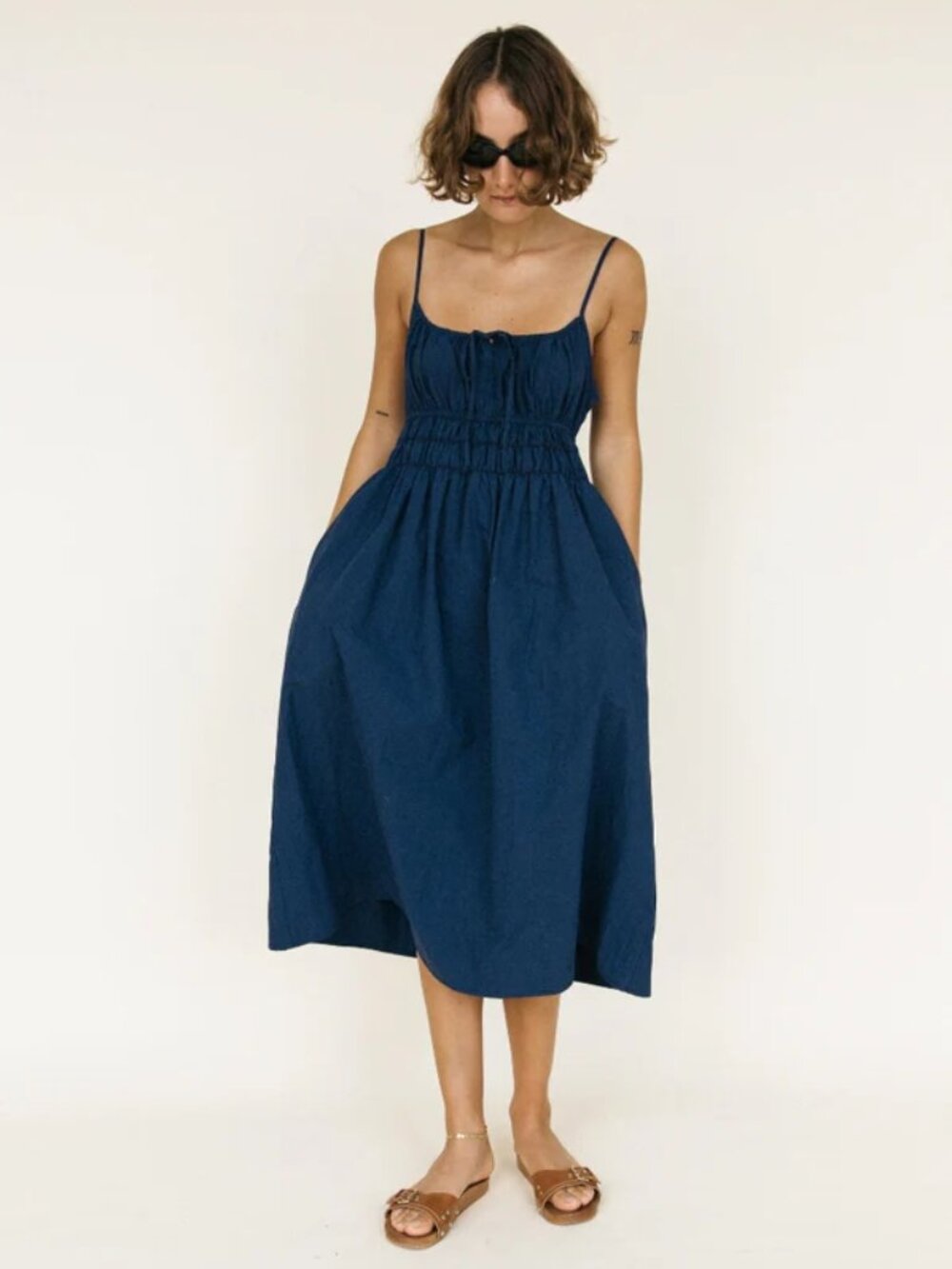 Ciao Lucia Navy Blue Midi Dress with Smocked Bodice